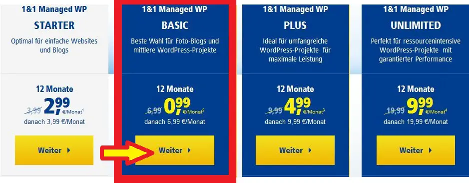 1&1 Managed WP Basic 0,99 €/Monat für 12 Monate